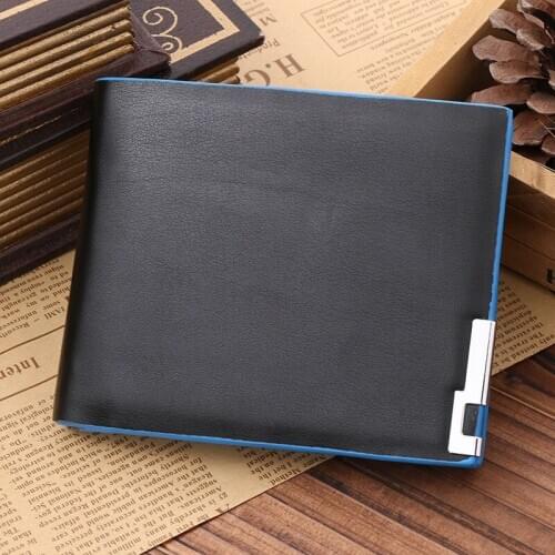 Hot Fashion Mens Short Wallet Korean Ultra-thin Blue Border Wallet Horizontal Wallet PU Simple Style Coin Purse