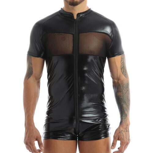 Mens Bodysuit One-piece Shiny Metallic Costume Crew Neck Mesh Patchwork Skin-Tight Leotard Short Bodysuit Jumpsuit Clubwear