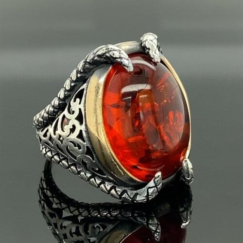 Men Handmade Ring , Amber Stone Ring , Honey Amber Gemstone , Clawed Mens Ring , Oval Gemstone Ring , 925k Sterling Silver Ring
