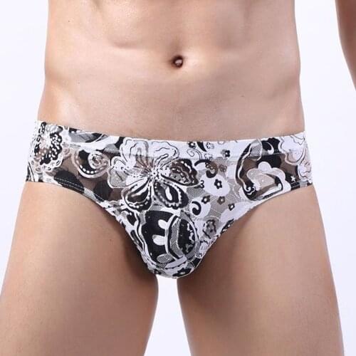 Men Underwear Sexy Mesh Sheer See Thhrough Printed Bikini Pouch Low Rise Briefs Underwear Underpants