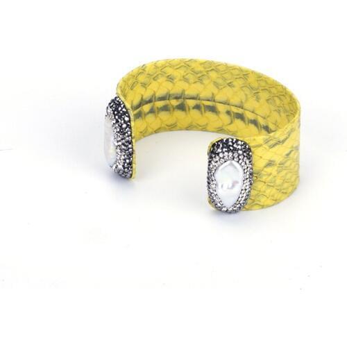 Natural Double Irregular Freshwater Pearl End Bead Charm Pave Rhinestone Yellow Real Leather Big Wide Open Bangle Cuff For Women