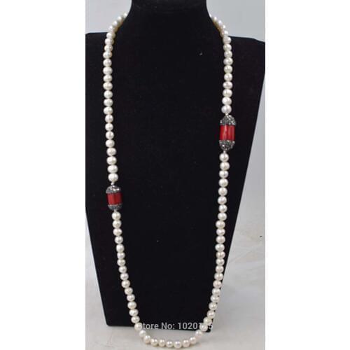 One set freshwater pearl white near round and red coral pillar necklace earrings FPPJ wholesale beads