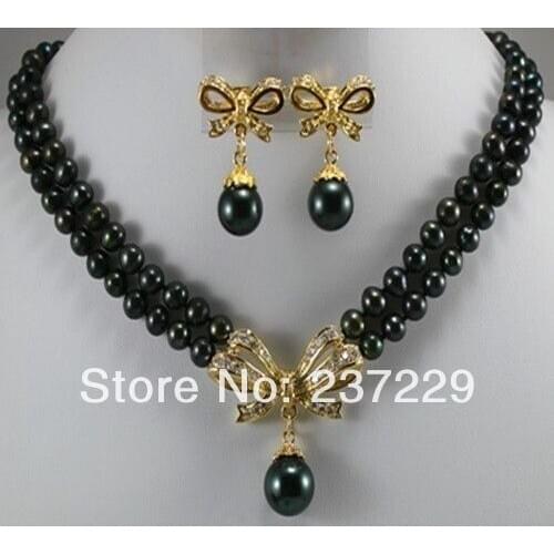 Wholesale price FREE SHIPPING 2 rows 7-8 mm Freshwater Pearl *shell pearl pendant necklace & Earring #1101