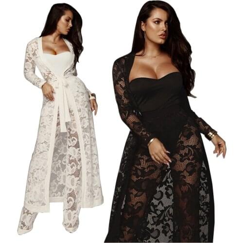 Autumn Party Hollow Out 3 Pcs Set Womens Sexy Lace Long Loose Dress Wrapped Chest See-Through Wide-Leg Pants Three-Piece Casual