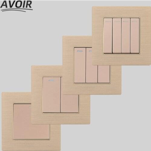 Avoir Wall Light Switch Aluminum Brushed Push Button Switches Gold Panel 1 2 3 4 Gang 1 2 Way Rocker Switch 86mm x 86mm 220V 16A