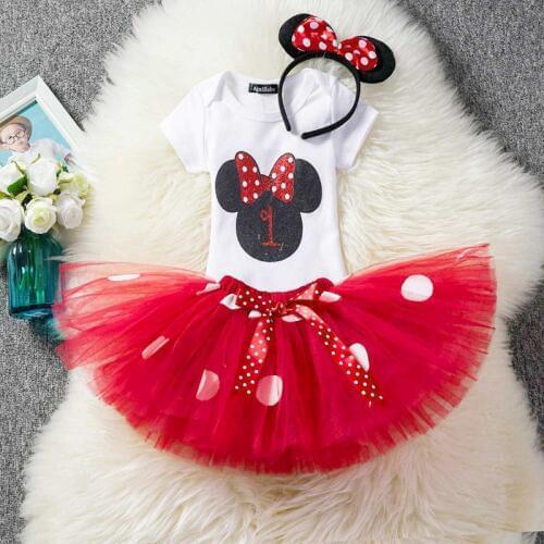 VOGUEON Girl Mickey Minnie Birthday Tutu Dress Cap Sleeve Baby Print Romper and Dot Tulle Dress 2 Pcs Set Toddler Outfit Clothes