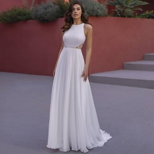 Exquisite A-Line Chiffon Sleeveless Wedding Dresses 2021 Sweep Train O-Neck Appliques Button Back Corset Bridal Gowns