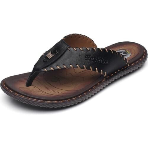 Mens Genuine Leather Flip Flops Summer Outdoor Handmade Big Size Breathable Comfort Retro Trendy Concise Beach Slippers for Male