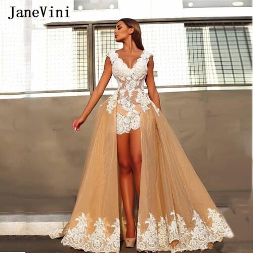 JaneVini 2020 Sexy High Low Long Prom Dresses with Detachable Train V Neck White Lace Appliques Organze Arabic Formal Prom Gowns