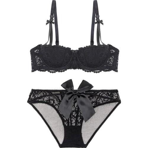Sexy shell half cup underwire gather bra ladies embroidered big bow erotic lace panties black red white 2pieces/set CYHWR