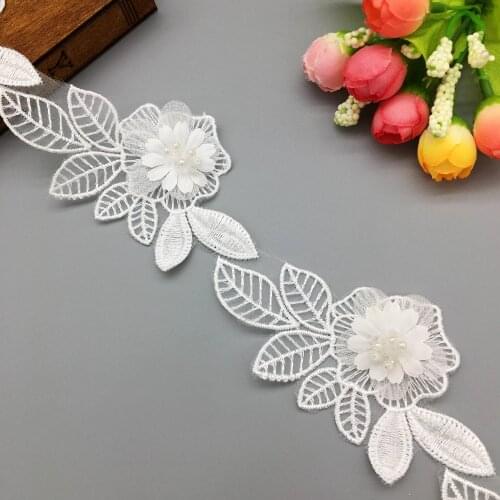 10x 3D Leaves Flower Beads Lace Trim Rhinestones Embroidered Applique Ribbon DIY Sewing Craft For French Fabric Wedding Dress