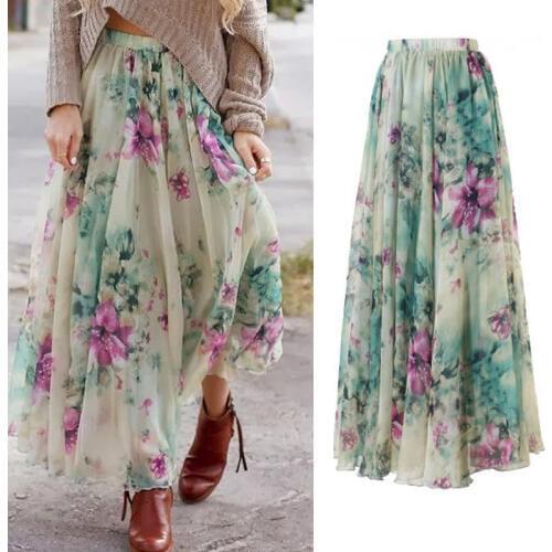 2018 Sweet Fashion Women Ladies Summer Spring Skirts Elastic Waist High Waist A-Line Ankle-Length Flowers Print Skirts