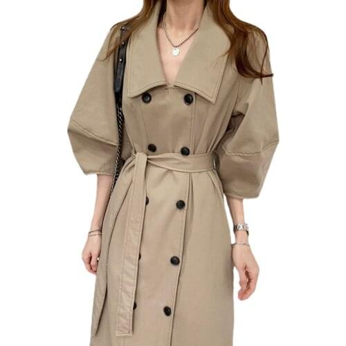 British Fashion Long Trench Women New Fall Double Breast Puff Sleeve Jacket Elegant Windbreaker Belt Waisted Classic Khaki Coats