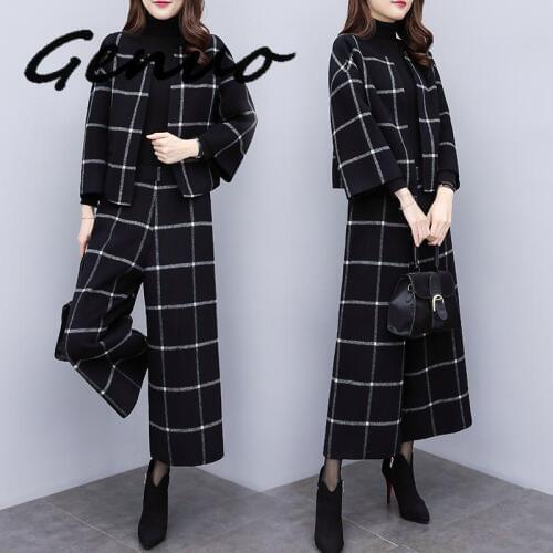 Plaid Two Piece Set Women Short Coat And Wide Leg Pants Trousers Sets Suits Office Elegant Casual Winter Womens Sets Femme