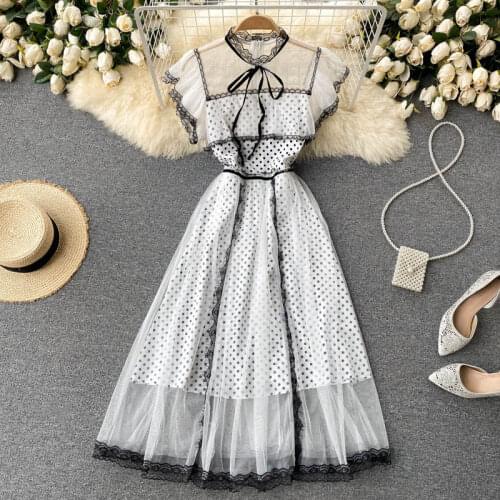 Palace Style Womens Summer Dress Perspective Mesh Ruffled Slim Mid-Length Lace Dress Dot Printed Elegant Femme Robes zh1502