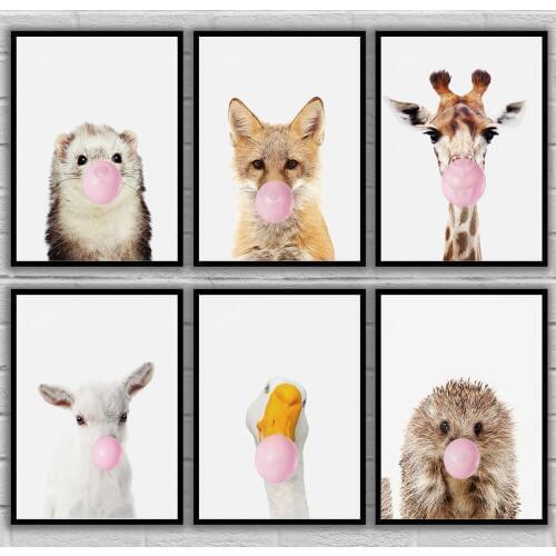 Bubble Chewing Gum Giraffe Ferret Fox Giraffe Goat Goose Hedgehog Posters Canvas Art Painting Wall Art