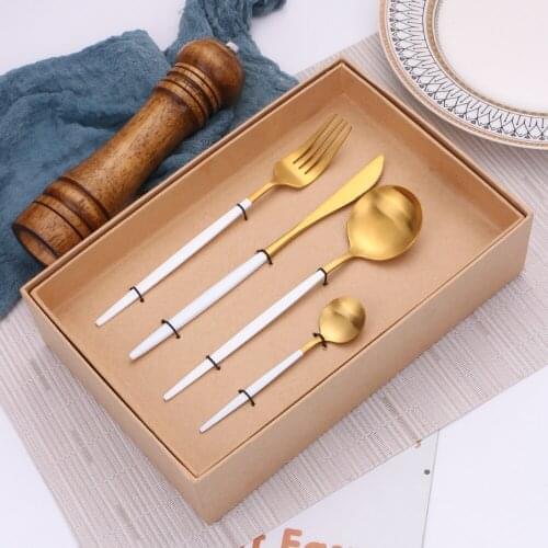 16 Piece White Gold Stainless Steel Cutlery Set Fork Spoons Knives Set Dishwasher Safe Tableware Dinnerware Cutlery Dropshipping