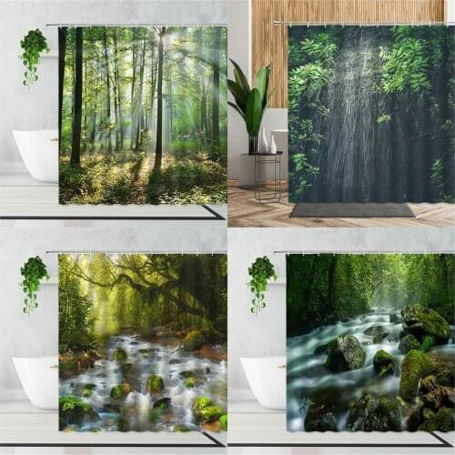 3D Tropical Forest Scenery Shower Curtains Green Plants Jungle Bathroom Decor Waterproof Bath Curtain With Hooks Wall Decoration