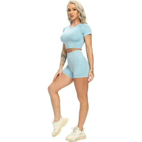 Seamless Yoga Set Fitness Women Suits Workout Sportswear High Waist Yoga Shorts Short Sleeve Crop Top Tracksuit Sports Leggings