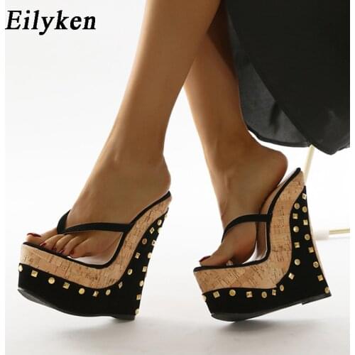 Eilyken Summer New Fashion Rivet Sexy Flip Flops Shallow Platform Wedges Heel Slippers Women Fashion High Heels Female Shoes