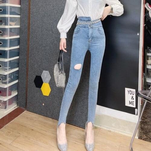 Elastic Light Blue Hole Pencil Pants Women Irregular High Waist Denim Pants Ankle Length Trousers Diamonds Sexy Push Up Jeans