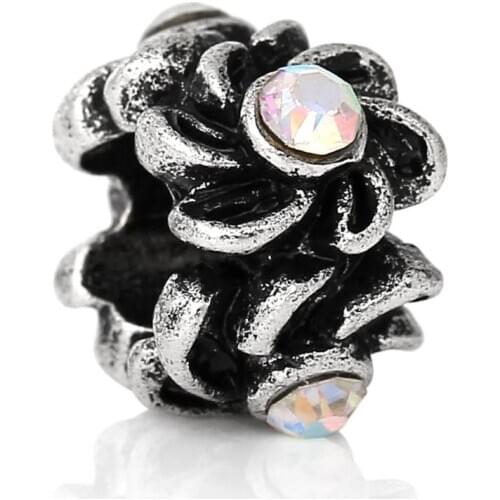 European Charm Zinc alloy Beads Round Antique Silver Color Clear Rhinestone Flower About 12mm Dia,Hole: Approx 5.3mm,2 PCs new