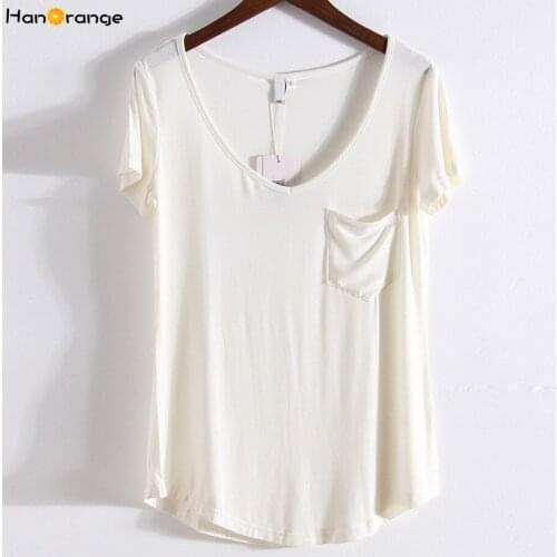 HanOrange Modal Plus Size Pocket Summer Short Sleeve Loose Women V-neck Pure Color Soft T-shirt Black/Gray/White/Beige