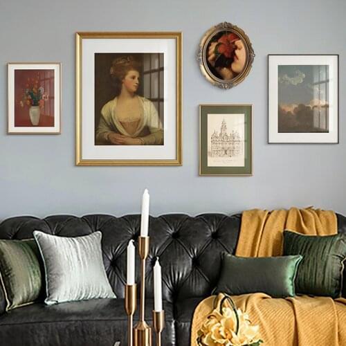 Art retro American European lady figure vase church building living room mural poster print picture canvas decorative picture