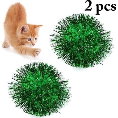 Kapmore 2Pcs/Set Pet Ball Toys 2in Bite Resistant Tinsel Pom Pom Glitter Pom Pom For Cat Interactive Toy Pet Supplies Cat Favors