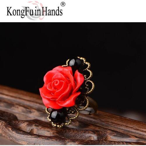 Women Ring Red Rose Shape Chinese Retro Style Adjustable Red Flower Ethnic Style Jewelry For Female Gift New Fashion Trend