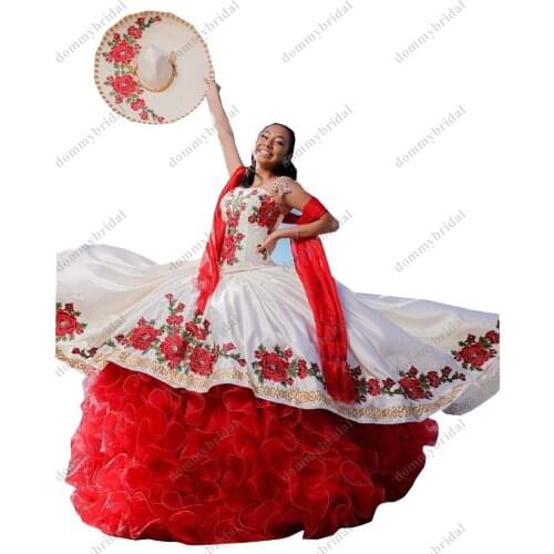 Beautiful Red and White Vestido De 15 Anos Mexican 2021 Cheap Quinceanera Sweet 15 Dresses Crystal Charro Flowers Embroidered