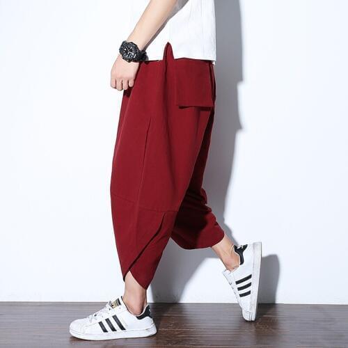 Summer Mens Cotton Linen Pants Mid Waist Loose Hip-hop Harem Pants Drawstring Male Casual Trousers TA117