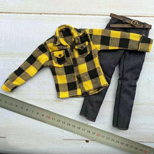 1/6 Scale Fashion Casual Yellow Plaid Shirt+Jeans Belt Suit Model
