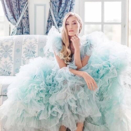 Fashion Elegant Sexy Deep V-neck Sky Blue Evening Dresses Tulle A-line Ribbon Trim Gown custom made Plus Size