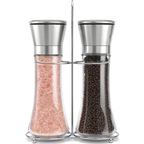 Premium Stainless Steel Salt and Pepper Grinder Set With Stand - Tall Salt and Pepper Shakers with Adjustable Coarseness - Sal