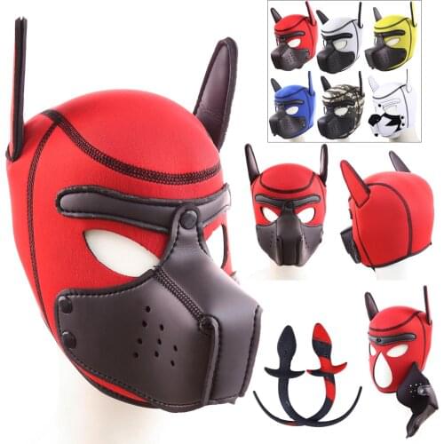 Neoprene Foxhound Mask Puppy Play Dog Hood Full Head Bondage With Ears Slave Pet Roleplay Party Mask Dog Tail Plug SM Sex Toys