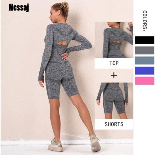 Nessaj Women 2 Pcs Set Traning Suits Fitness Sports Wear Gym Clothes Breathable Long Sleeve Female Running Shorts Workout Sets