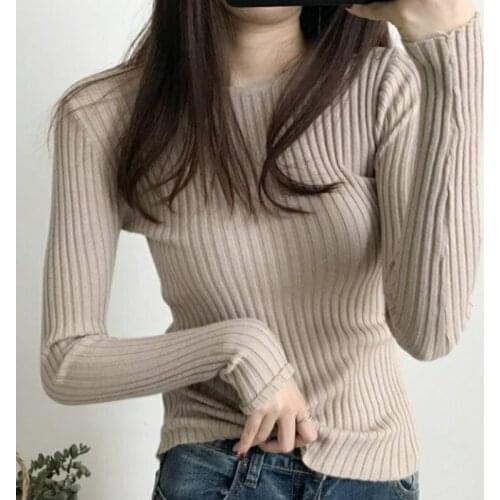 2021 New Autumn and Winter Korean Loose Sweater Pullover Knit Long Sleeve Slim Solid Tops Women Bottoming Wool Sweater 16249