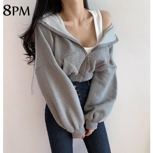 Autumn Short Hoodie Women Solid Color Sweatshirt Long-sleeved Pullover Loose Gray Tops Coat Korean Style ouc1157
