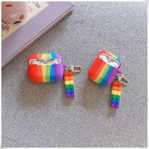 Rainbow Silicone Case For airpods 1 2 Pro With Cute Key Chain Soft Bluetooth Wireless Earphone Cover Fall Prevention