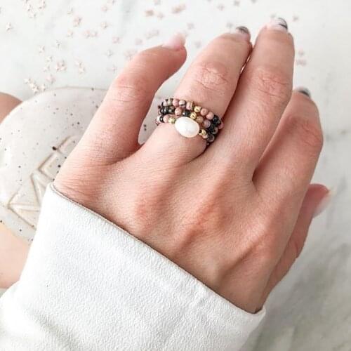 Romantic Natural Rhodolite Freshwater Pearl Ring for Women Classic Stainless Steel Bead Ring Handmade Jewelry Elastic Adjustable