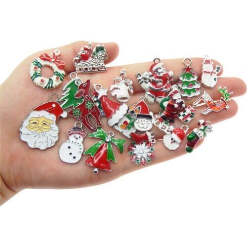 Christmas Charms Gifts Present 15pcs Wholesale Enamel Santa Claus Trees Pendant Charms For Jewelry Making Necklace Accessory