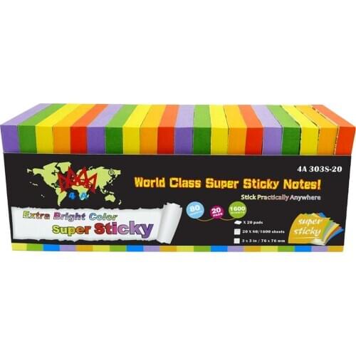 4A Super Sticky Notes,3 x 3 Inches,Extra Bright Colors Assorted,5 Colors,80 Sheets/Pad,20 Pads/Pack,4A 303S-20