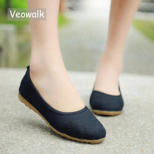 Veowalk Handmade Retro Womens Casual Cotton Ballet Flats Ladies Soft Comfort Linen Slip-on Old Beijing Shoes for Teacher