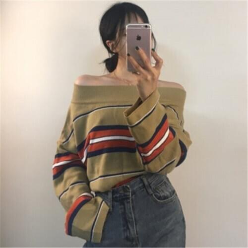 2020 Womens T-shirt Autumn Korean Style Vintage Stitching Color Striped Off Shoulder Knitted T-shirts Loose Pullovers Tops