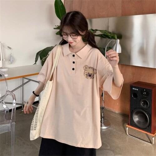 Womens T-shirts Tops Japanese Kawaii Ladies Ulzzang Loose Bear Print T-shirt Female Korean Harajuku Clothes For Women