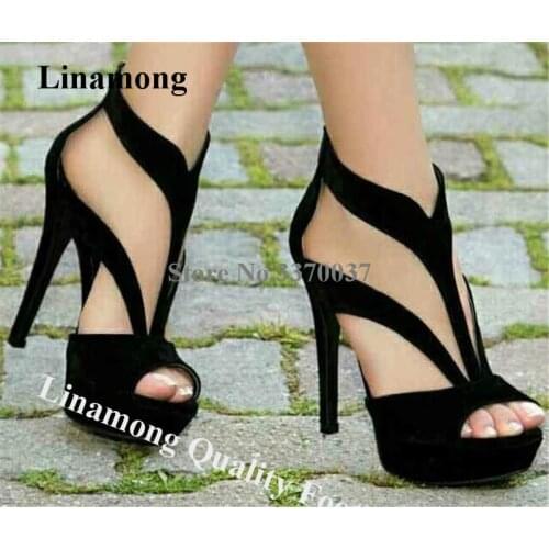 Linamong Elegant Open Toe Suede High Platform Stiletto Heel Gladiator Sandals Black T-straps High Heel Sandals Wedding Heels