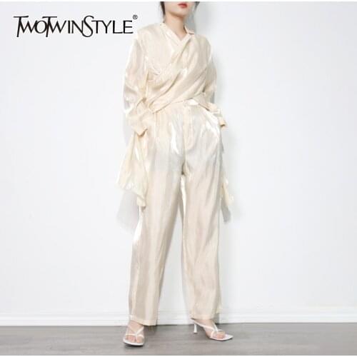 TWOTWINSTYLE Ruched Two Piece Set For Women V Neck Long Sleeve Tops High Waist Wide Leg Pants Solid Sets Female Fashion Clothing