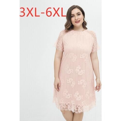 New 2021 summer plus size midi dress for women large short sleeve slim casual lace pink white elegant dresses 3XL 4XL 5XL 6XL