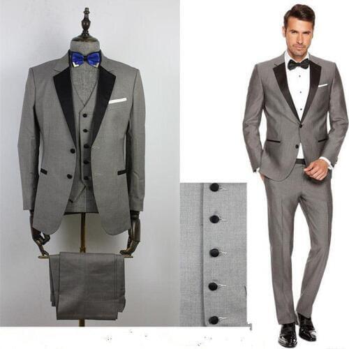 Custom Mens Suits For Wedding Black Lapel Slim Fit Wedding Dress Groom / Groomsmen Wear Prom Casual Suits (Jacket+Pants+Vest)